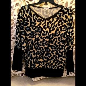 Size large dolman long sleeve black/teal/tan animal print sweater